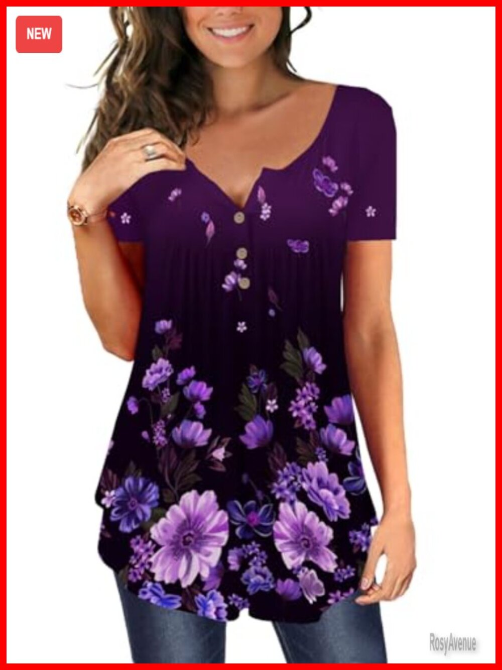 Plus Size Short Sleeve Tunic Top with V-Neck, Floral Print, Rayon Spandex